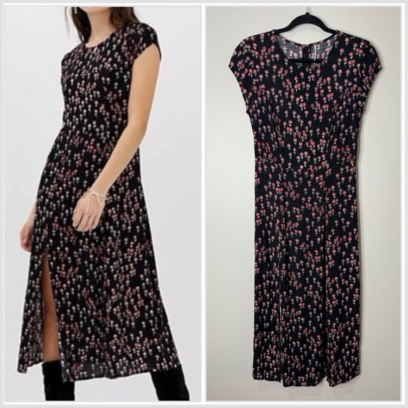 Free People Corrie Black Red Floral Cap Sleeve Side Slit Midi Dress Size 6 - Picture 1 of 11